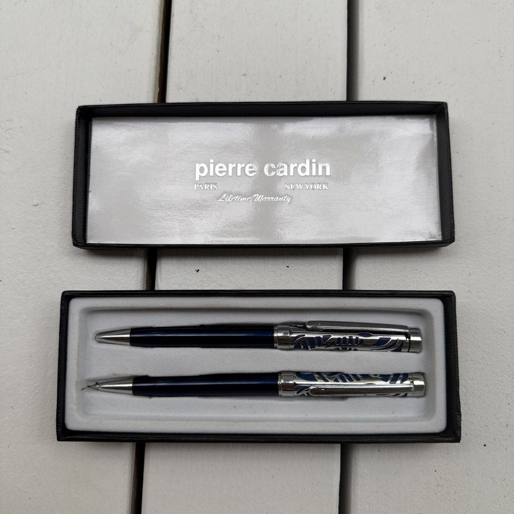 PIERRE CARDIN Blue Lacquer M‎ Chrome Ornate Overlay Roller Ball Lead Pencil Set